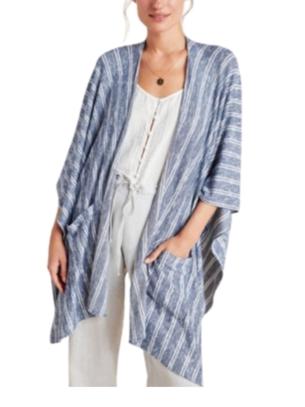 Anthropologie- Saturday Sunday- Gray & White Striped Open Front Cardigan